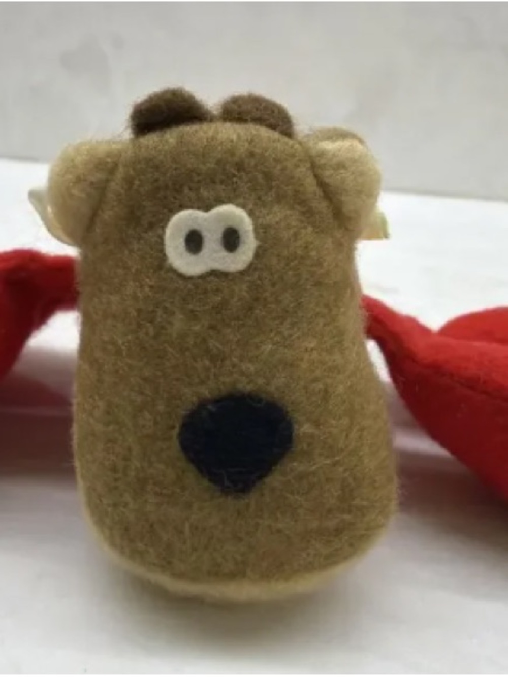 Felt Reindeer Ornament in Brown with Red Accents